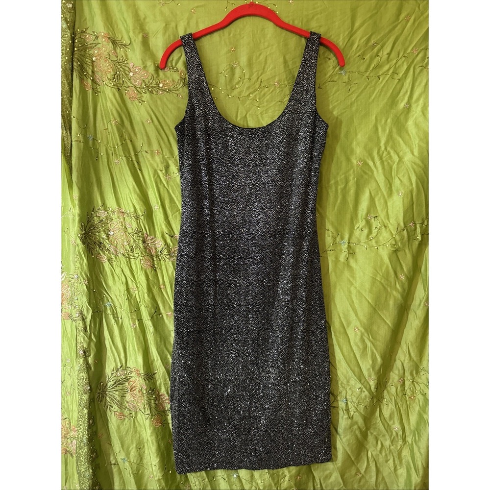 Vintage 90s Faviana Dress Black Silver‎ Sparkle Scoop Neck Tank Glam Party 11/12